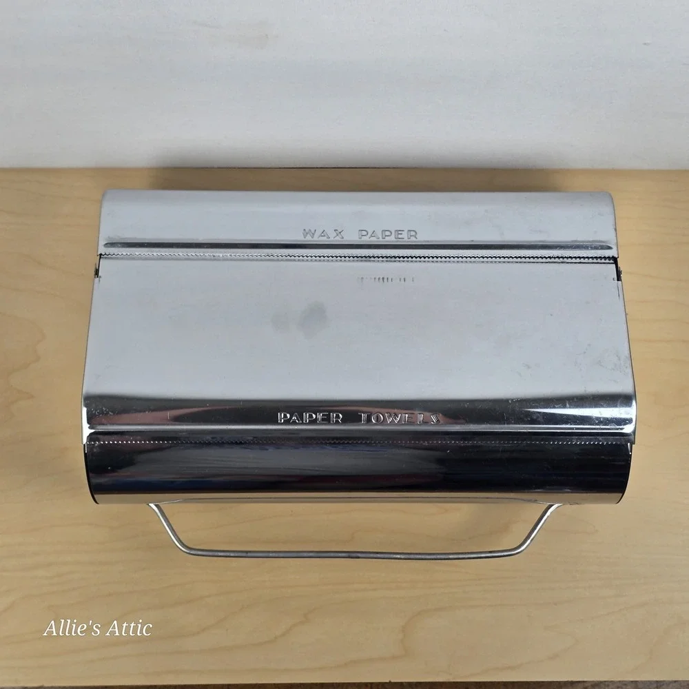 Vintage Kitchen Dispenser Chrome Metal Alum Foil Wax Paper Paper Towel Holder